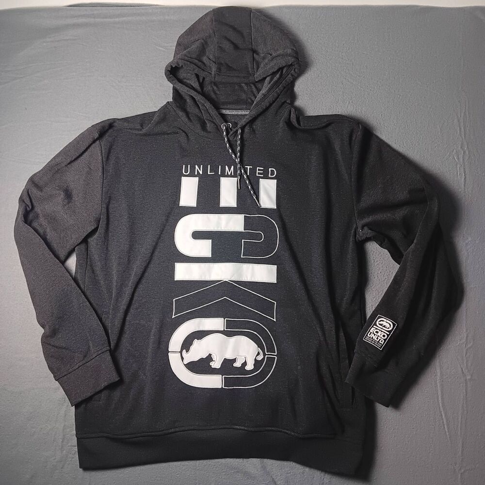 ECKŌ UNLTD. Mens 2XL Hoodie Dark Gray Streetwear Patch Lettering Urban Graphic